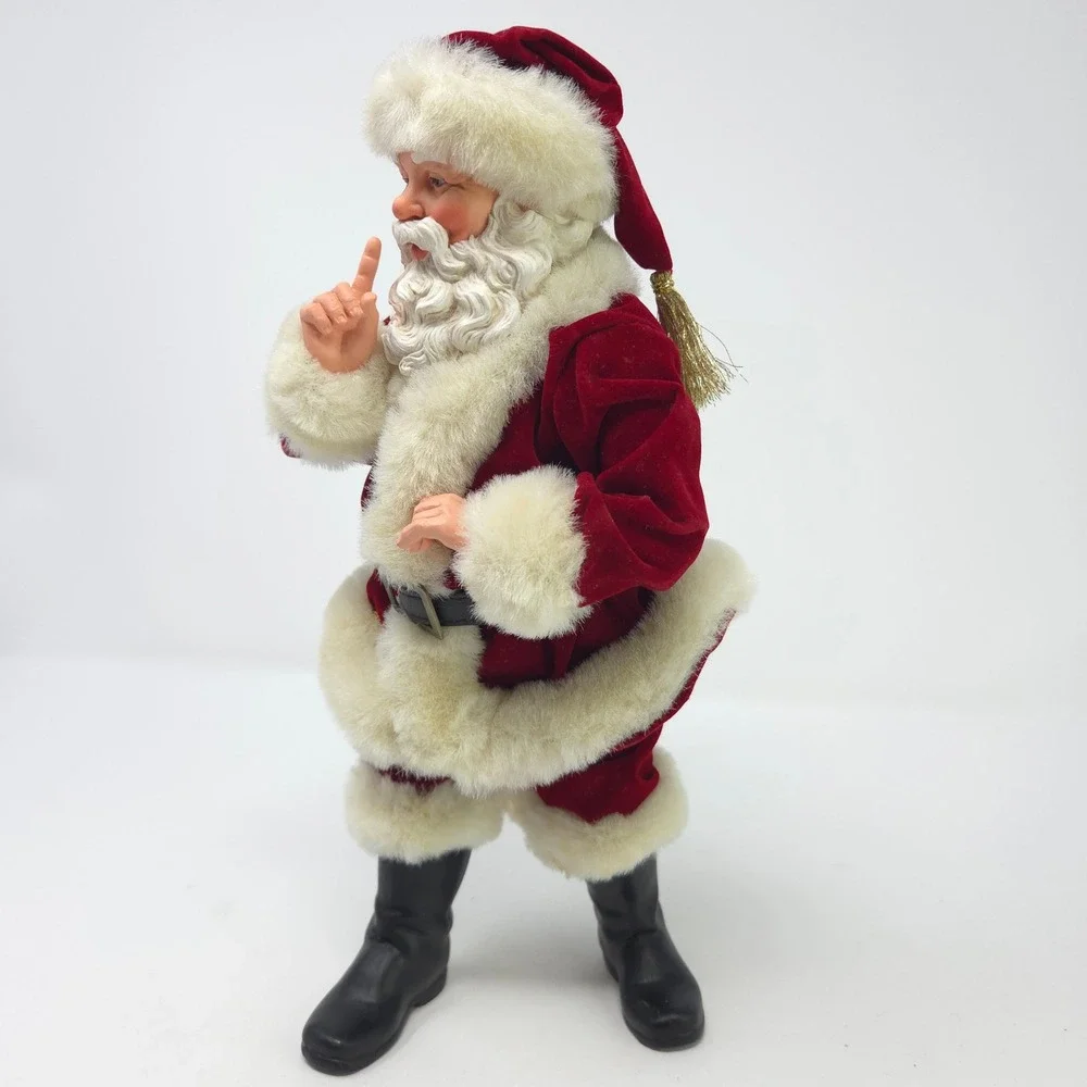 Vintage‎ Style Shushing Santa Claus Figurine Red Velvet Suit Faux Fur 11.5